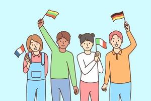 lächelnd Kinder mit Flaggen von anders Länder im Hände genießen International Bildung. glücklich Kinder von verschiedene Nationalitäten beschäftigt, verlobt im gemischtrassig Erfahrung. Vektor Illustration.