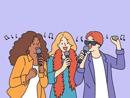 überglücklich jung gemischtrassig Menschen haben Spaß Singen zusammen im Karaoke. lächelnd interracial freunde genießen Wochenende haben Party Feier. Vektor Illustration.