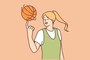 leende ung kvinna snurra basketboll boll på finger. Lycklig kvinna idrottare eller spelare ha roligt spelar spel utomhus. sport och hobby. vektor illustration.