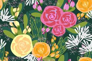 Hand gezeichnet modern Blumen- nahtlos Muster Kaktus wild Blume Wiese kontinuierlich Vektor Illustration Design zum Innere Textil- Stoff Mode Mohn Hortensie und Blätter