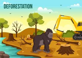Abholzung Illustration mit Baum im das fiel Wald und Verbrennung in Verschmutzung verursachen das Aussterben von Tiere im Karikatur Hand gezeichnet Vorlagen vektor