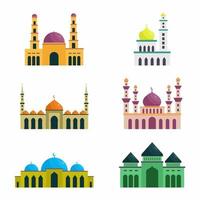 Vektorsatz der islamischen Moschee. Ramadan Kareem, fröhlicher Eid Mubarak. Hand gezeichnete Ikonen mit flachen bunten Gestaltungselementen. moderne lineare Stilillustrationen lokalisiert auf weißem Hintergrund. vektor