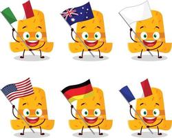 sugrör hatt tecknad serie karaktär föra de flaggor av olika länder vektor
