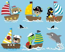 vektor uppsättning av rolig djur sjöman tecknad serie på segelbåt med en delfin och haj fena i hav