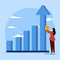 företag utveckling och Framgång, inkomst tillväxt, inkomst eller vinst. kvinna innehav dollar mynt och stigande bar Diagram. finansiell tillväxt Betygsätta begrepp, modern platt vektor illustration för affisch.