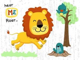 rolig djur tecknad serie i djungel, lejon löpning, fågel på träd, mol råtta på jord vektor