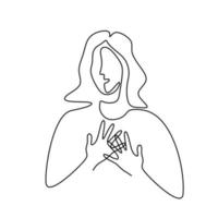 Frau mit Brustkrebs Linie Kunst Hand gezeichnet. Ein Strichzeichnungskonzept, Plakat für den nationalen Monat des Bewusstseins für Brustkrebs. Frau mit ihren Händen auf der Brust für Brustkrebs-Bewusstseinskonzept vektor
