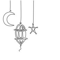 Laterne, Halbmond und Stern. Ramadan Kareem Thema minimal eine durchgehende Strichzeichnung auf weißem Hintergrund. Einzeilige Kunst von Eid Mubarak Grußkarte, Poster und Banner Design. Vektorillustration vektor