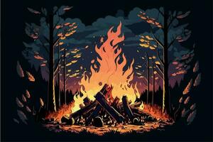 Lagerfeuer im das Wald im das Nacht. Vektor Illustration von Feuer im Natur. Reisen Illustration