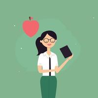 Lehrer Tag weiblich Lehrer halten Buch Grün Hintergrund mit Apfel vektor