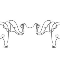 kontinuerlig linje ritning av två elefanter silhuett med hjärta kärlek symboler. bröllop, alla hjärtans dag, kram dag, familj, vänskap kort designkoncept. elefanternas logotyp med hjärtan vektor