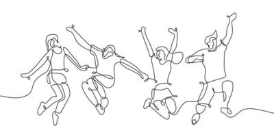 eine einzelne fortlaufende Strichzeichnung von vier springenden glücklichen jugendlich Teammitgliedern lokalisiert auf weißem Hintergrund. vektor