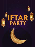 iftar fest firande inbjudan part flyer med gyllene månen och lykta vektor