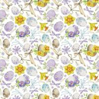 Aquarell Hand gezeichnet Ostern Feier Clip Art. nahtlos Muster mit gemalt Eier, Verbeugungen, Blumen. Pastell- Farbe. isoliert auf Weiß Hintergrund. zum Einladungen, Geschenke, Gruß Karten, drucken, Textil- vektor