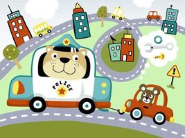 vektor tecknad serie av rolig katt körning polis bil bogsering liten bil i stad väg