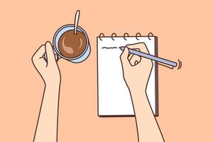 person tar anteckningar i anteckningsbok och dricka kaffe. man eller kvinna handstil i anteckningsblock njuter värma dryck. planera eller framställning lista. vektor illustration.