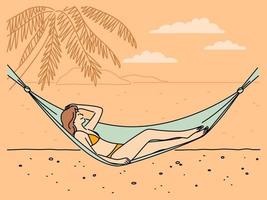 Lycklig ung kvinna liggande i hängmatta avkopplande på strand på sommar högtider. leende flicka i bikini njut av sommartid semester på stranden. vektor illustration.