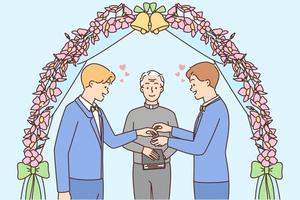 leende manlig par stå nära bröllop båge utbyta ringar. Lycklig Gay män på äktenskap ceremoni. homosexuell relationer begrepp. vektor illustration.