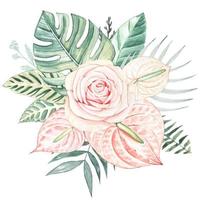 Strauß mit Rosa Rose, Anthurium Blumen und tropisch Blätter. Aquarell vektor