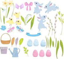 Lycklig påsk vektor uppsättning. söt blå kaniner och kycklingar, påsk ägg, ägg, vattning burk, korg, vide, fjädrar och blommor vit bakgrund. hand dragen platt tecknad serie element.