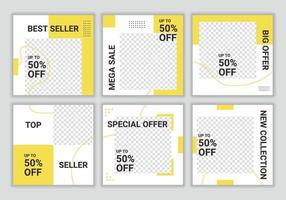 Set Sammlung von quadratischen Banner Vorlage. weiße und gelbe Hintergrundfarbe mit Streifenlinienform. Modeverkauf. Werbe-Web-Banner für soziale Medien. Vektorillustration mit Fotohochschule vektor
