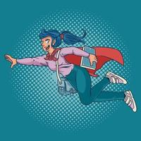 flicka superhjälte flyger i en futuristisk rymddräkt. en leende superhjältekvinna flyger till skolan som bär väskor och böcker tecknad design med färgglada popkonst retro vektorillustration vektor