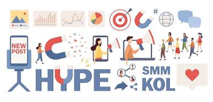 Sozial Medien Influencer Symbol Satz. Blogger. Schlüssel Meinung Führer. Kol. Hype. Influencer Marketing. smm Konzept. Vektor eben Illustration