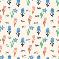vår mönster tecknad serie blomma påskliljor, krokus, hyacint vektor