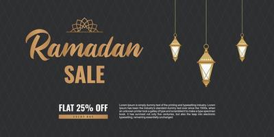 Ramadan Mega bietet Banner-Design mit traditionellen arabischen Hängelaternen und Rabatt-Angebot auf schwarzem Hintergrund. Konzept Business Marketing Promotion Logo Zeichen. flache Illustration des Vektors vektor