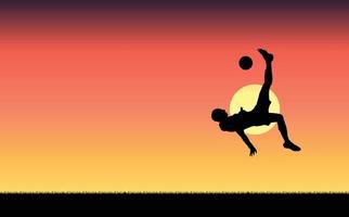 siluettillustration av en fotbollsspelare som gör en overheadspark på en solnedgång i bakgrunden. vektor