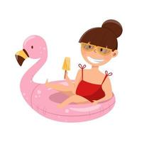 süß Mädchen mit Sonnenbrille Schwimmen beim Rosa Flamingo vektor