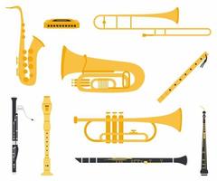 Set Sammlung von Musikinstrumenten mit verschiedenen Arten, darunter Klarinette, Oboe, Saxophon, Flöte, Trompete, Posaune, Mundharmonika, Tuba, Fagott und Holzflöte. Musikinstrument flachen Vektor