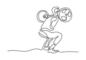 en enda linje ritning av ung sportig man utbildning lyft skivstång på bänkpress i sport gymnasium club center. fitness stretching koncept isolerad på vit bakgrund. vektor illustration