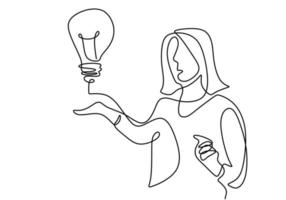 eine einzelne Strichzeichnung der jungen Geschäftsfrau, die neue Idee für nächstes Projekt vorstellt, während sie eine Lampenlampe zeigt. Denken Sie groß, zeigen Sie auf das Ideenkonzept. effektive Trainingspräsentation im minimalistischen Stil vektor