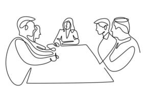 kontinuerlig ritning av en grupp affärsmän som diskuterar i konferensrummet. professionellt ungt affärslag talar nytt projekt isolerad på vit bakgrund. vektor illustration