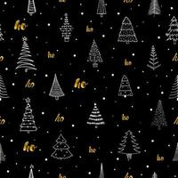 nahtloses Muster mit verschiedenen Weihnachtsbäumen und Gold ho-ho. grobe Handzeichnung des schwarzen Liners. kann für Stoff, Handyhülle und Geschenkpapier verwendet werden. vektor