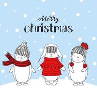 Frohe Weihnachten Grußkarte. lustige Pinguine in einem Pulloverschal und einer Mütze. vektor