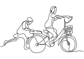 en kontinuerlig ritad linje av en son lär sin syster att cykla. ung syster och bror som spelar en cykel isolerad på vit bakgrund. lycklig familjekoncept. vektor illustration