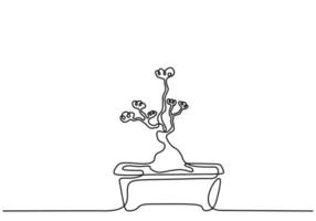 kontinuierliche Strichzeichnung des Naturbonsai-Baumes im Topf lokalisiert auf weißem Hintergrund. Schönheit und frische chinesische oder japanische Banyanpflanze für Hauptkunstwanddekor. botanisches Zimmerpflanzenthema vektor