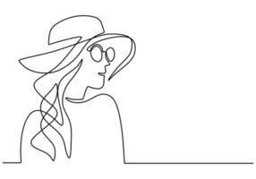 kvinna i hatt en kontinuerlig linje konst minimalistisk stil. skönhet elegant ung modern kvinna som bär hatt isolerad på vit bakgrund. kvinnligt modekoncept för t-shirt, tote bag print. vektor