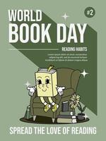 glücklich Welt Buch Tag. lesen Gewohnheiten. sitzen auf das Couch. 70er Jahre Karikatur Stil. vektor