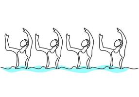 kontinuerliga linjeritning unga energiska kvinnor utför vacker synkroniserad simningskoreografi. kvinnliga simmare grupp gör dans i vattnet. gruppvattensporttävlingskoncept vektor