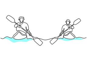 en kontinuerlig linje ritning av energisk idrottsman kille båt race på floden. en roddgrupp njuter i långa båtar tävlar isolerad på vit bakgrund. teammedlem roddbåt lagarbete koncept vektor