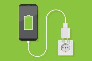 Smartphone Ladegerät Adapter Vektor Wohnung, Smartphone, elektrisch Steckdose, Adapter, voll Batterie Benachrichtigung, eben Design Vektor Illustration