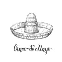 handritad sombrero i skissstil. cinco de mayo handgjorda bokstäver. Mexiko. vektor vintage illustration isolerade på vitt.