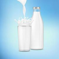 realistisk detaljerad 3d mjölk eller yoghurt häller i glas och flaska. vektor