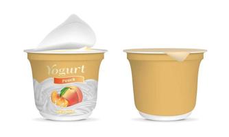 realistisch detailliert 3d öffnen Pfirsich Joghurt Verpackung Container und leeren Vorlage Attrappe, Lehrmodell, Simulation Satz. Vektor