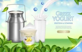 realistisk detaljerad 3d grekisk yoghurt annonser baner begrepp affisch kort. vektor
