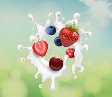 realistisch detailliert 3d frisch Beeren mit Milch oder Joghurt Spritzen. Vektor