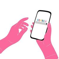 Karikatur Mensch Hände halten Handy, Mobiltelefon Telefon mit Suche Panel auf Bildschirm, isoliert auf Weiß Hintergrund vektor
